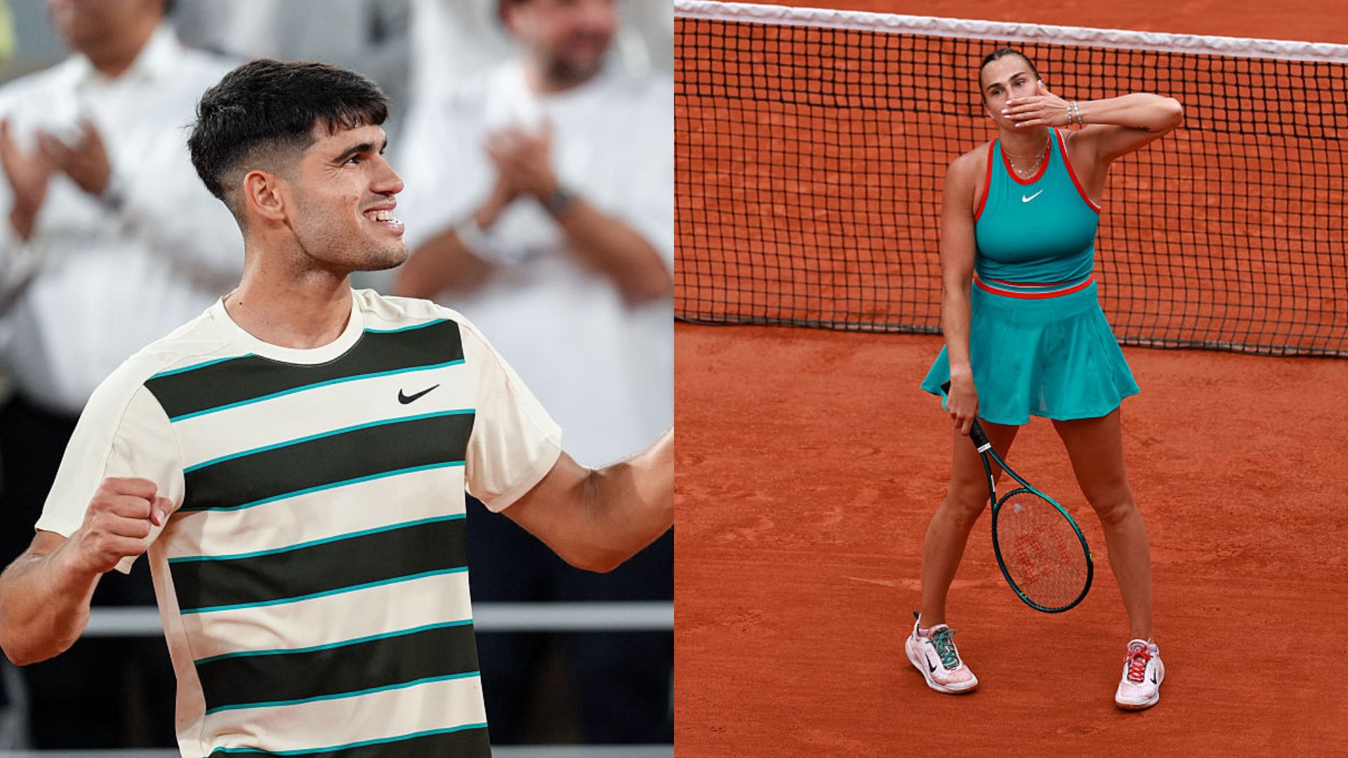 Carlos Alcaraz e Aryna Sabalenka em ação nas oitavas de final de Roland Garros
