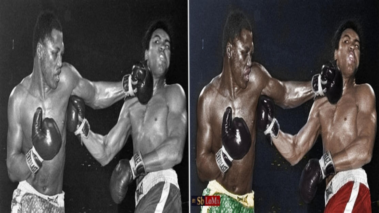 Muhammad Ali e Joe Frazier em um momento icônico de um dos confrontos épicos